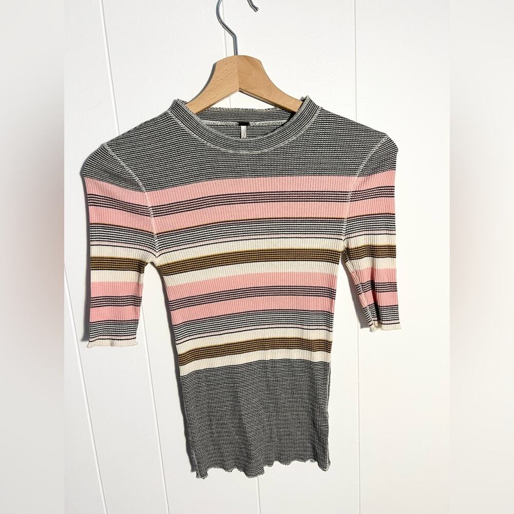 Free people striped textured thermal black pink white mock neck lettuce hem